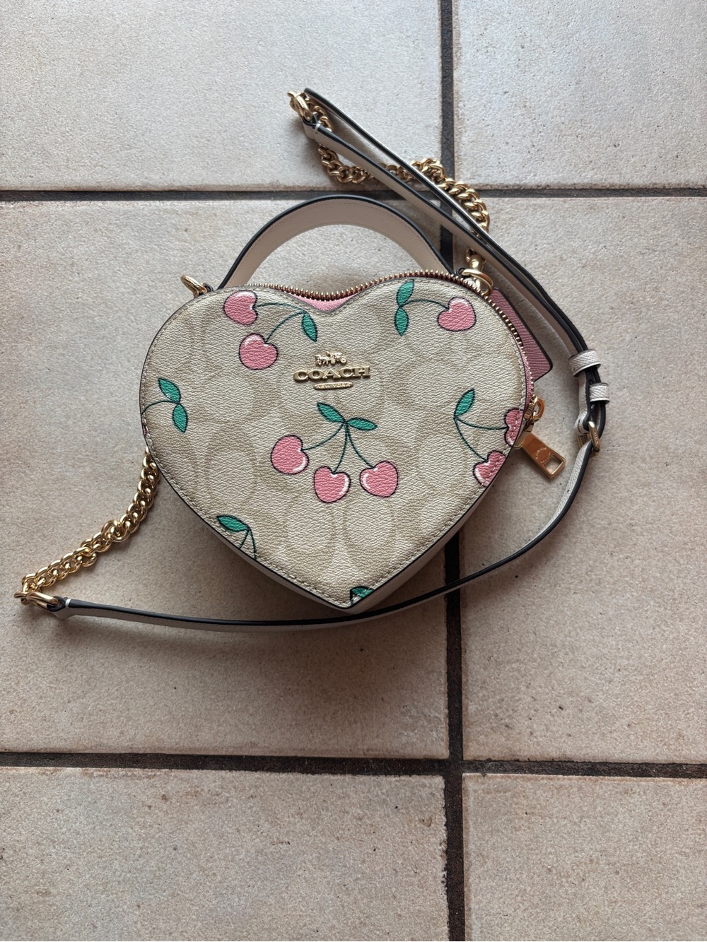 Coach Heart Crossbody Bag in Cream with Pink Cherries